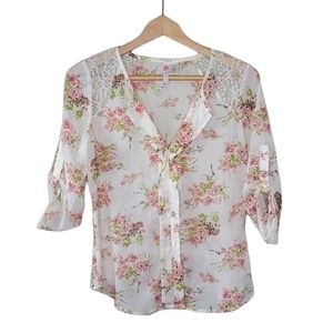 6 Degrees | Semi-sheer Floral Popover Blouse with Roll Tab Sleeves Size Small
